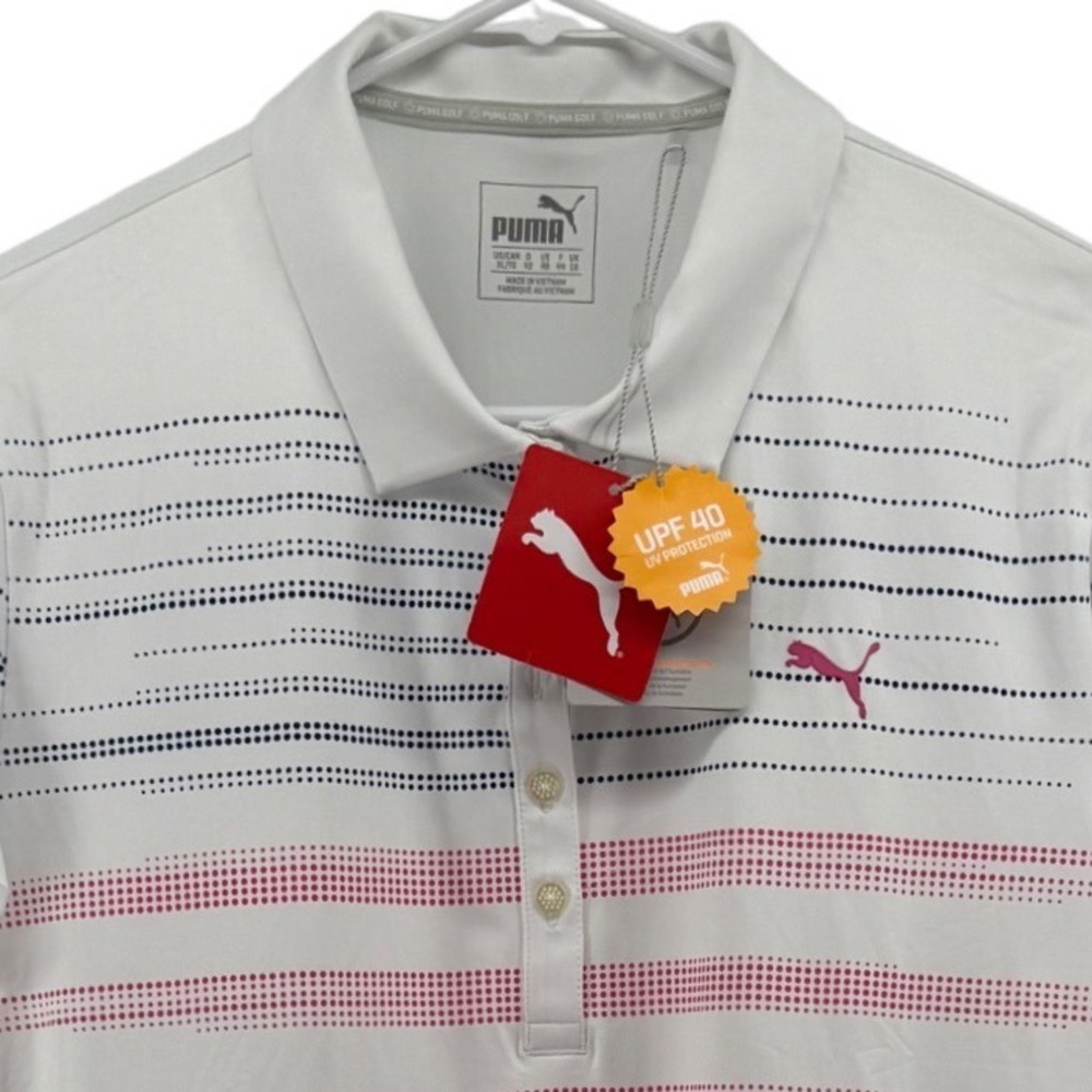Puma Golf Women Dot Stripe Polo Shortsleeve Shirt White Pink XL NWT $65